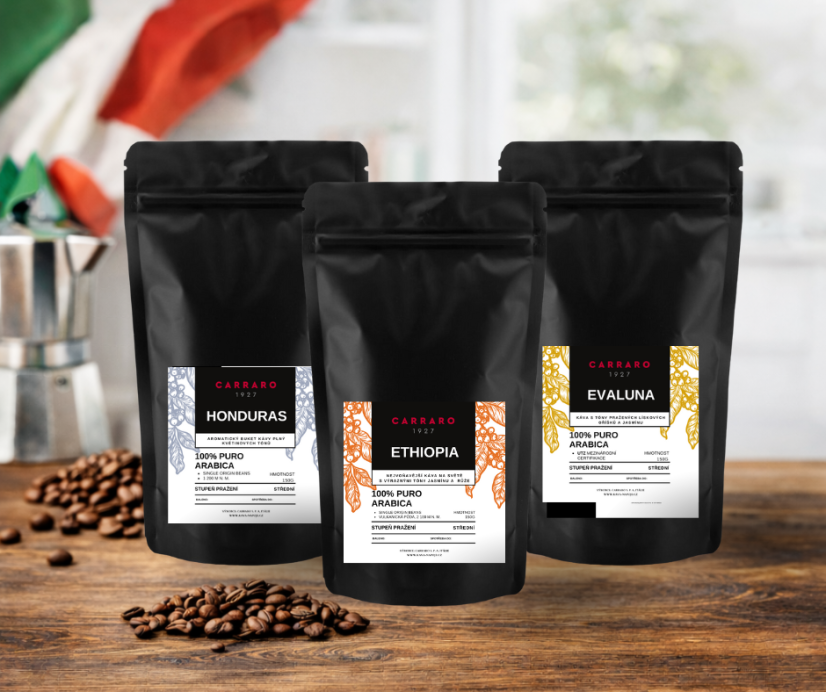 Degustační sada - SINGLE ORIGIN, zrnková káva 3x150g - Barva obalu: Černá